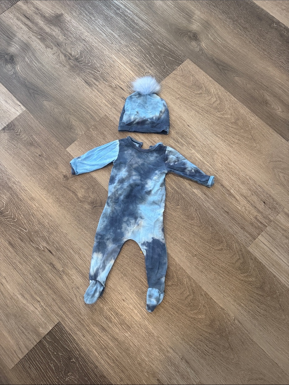 Tie-Dye Blue Baby One-Piece with Pom Pom Hat - Brand Not Shown